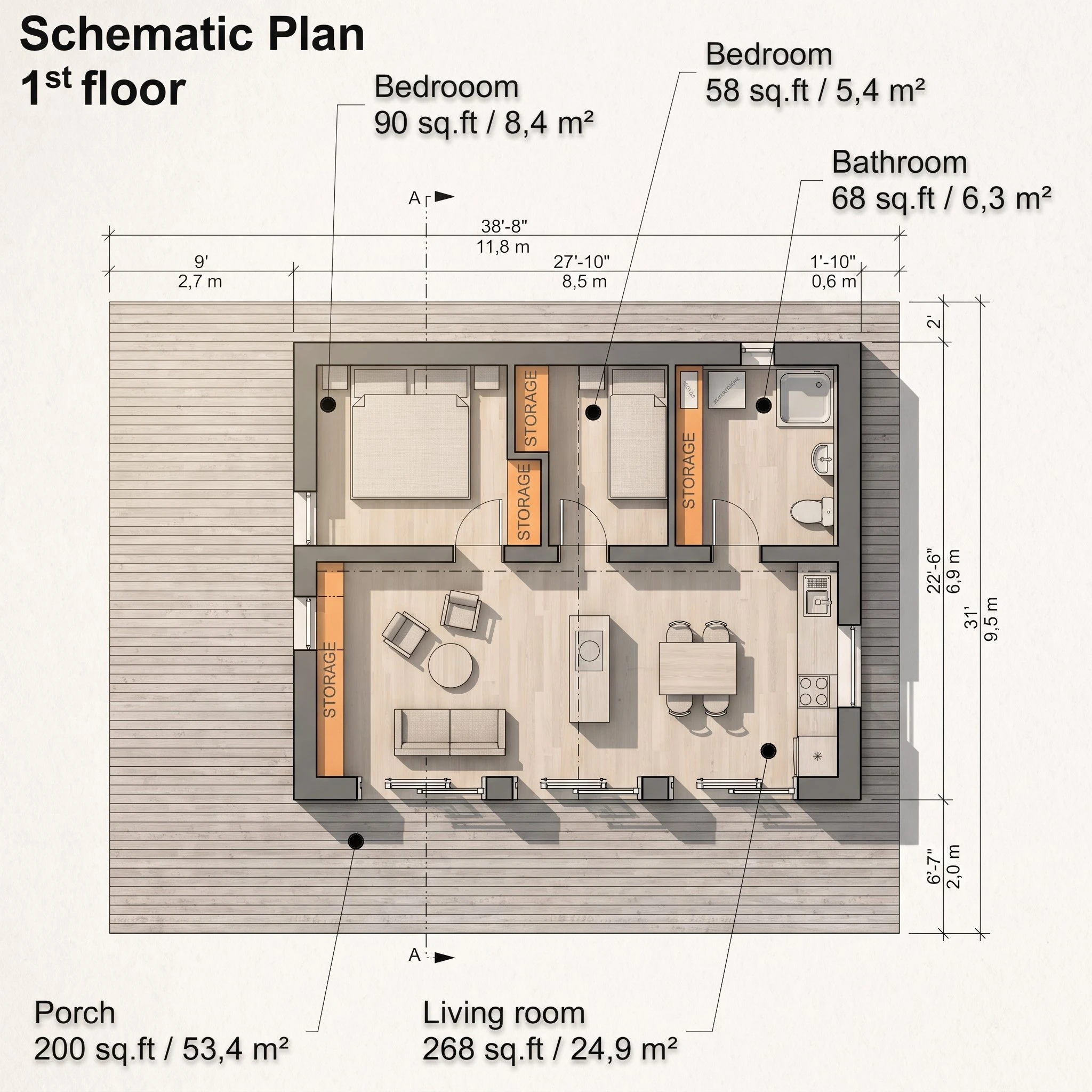 Schematic first floor plan of a 2-bedroom cabin showing room dimensions, living room, and porch layout.