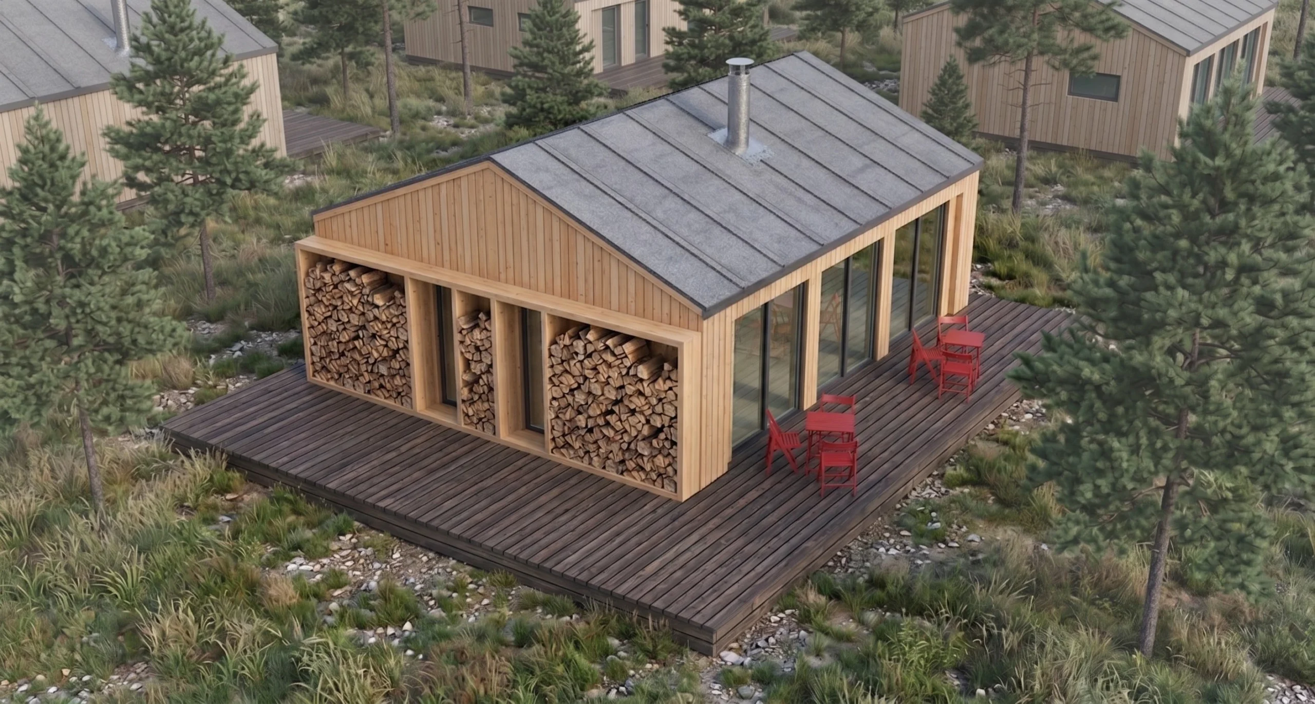 Isometric aerial view of modern timber cabin surrounded by trees featuring built-in firewood niches.