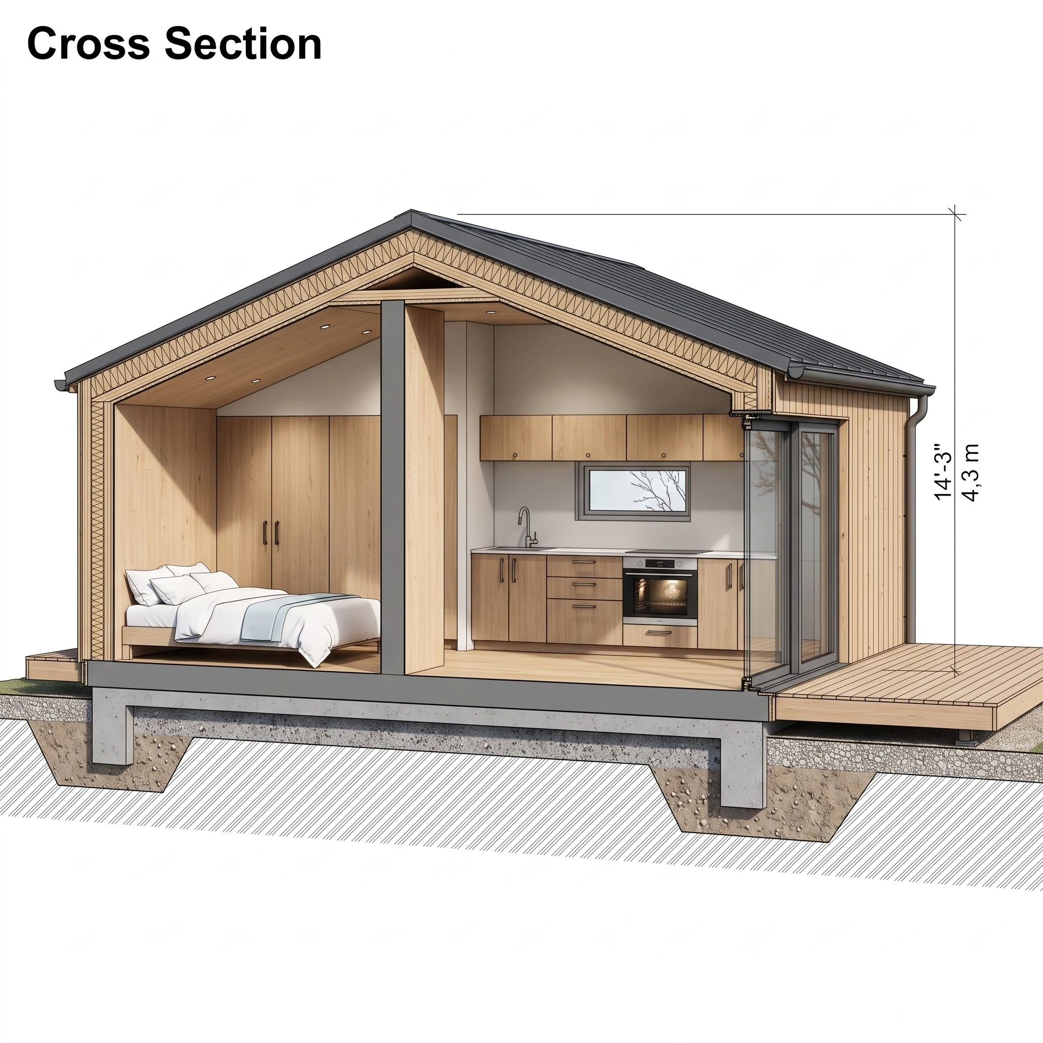 Architectural 3D cross section drawing showing internal layout, bedroom, kitchen, foundation, and height dimensions.