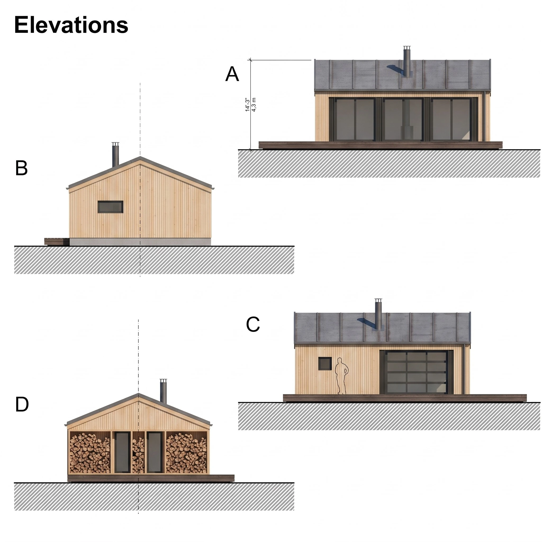 Architectural exterior elevations drawing showing all 4 sides of the small timber cabin.