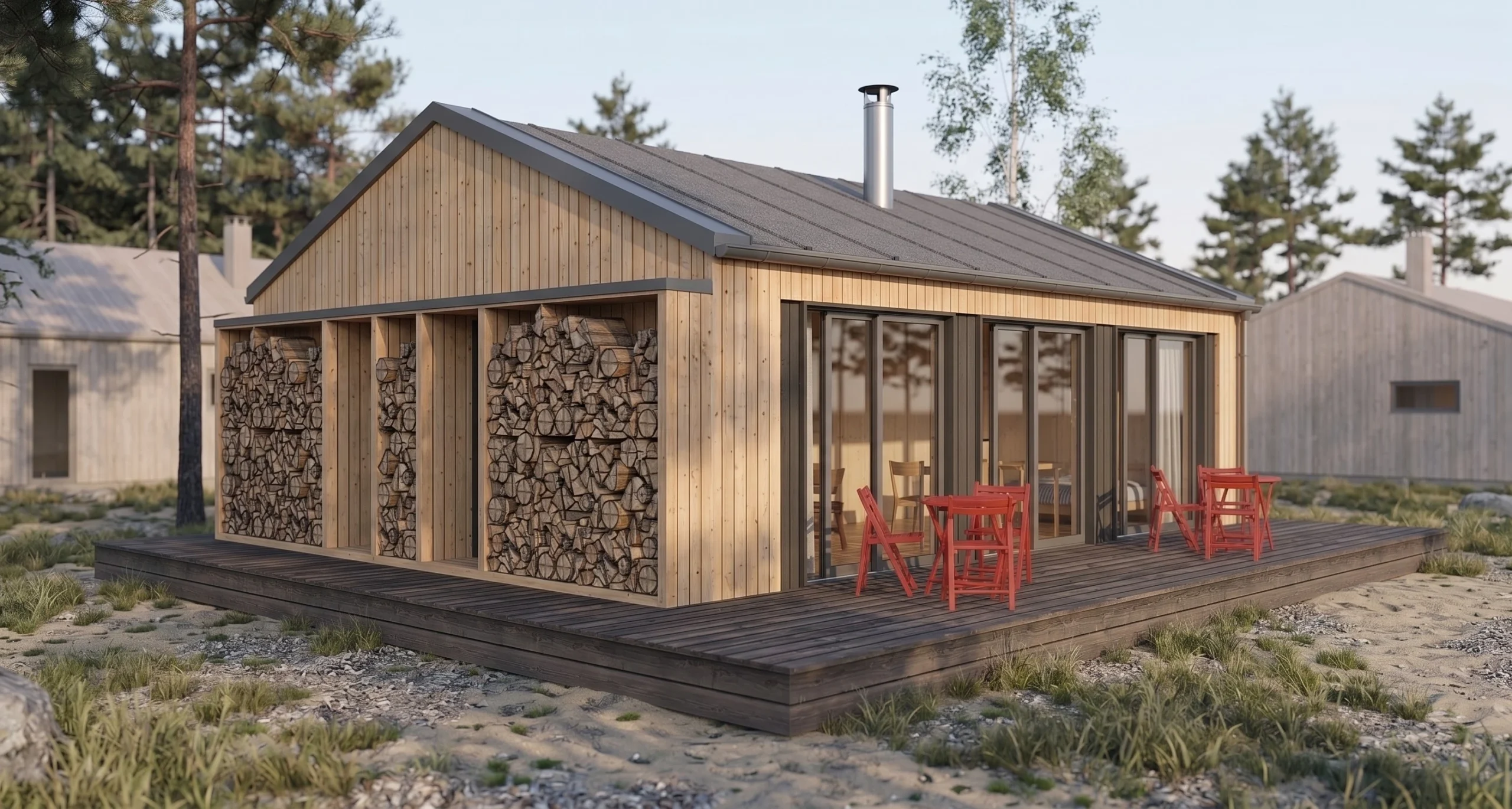 Perspective exterior view of the modern timber cabin with outdoor seating area on a sunny wooden terrace.