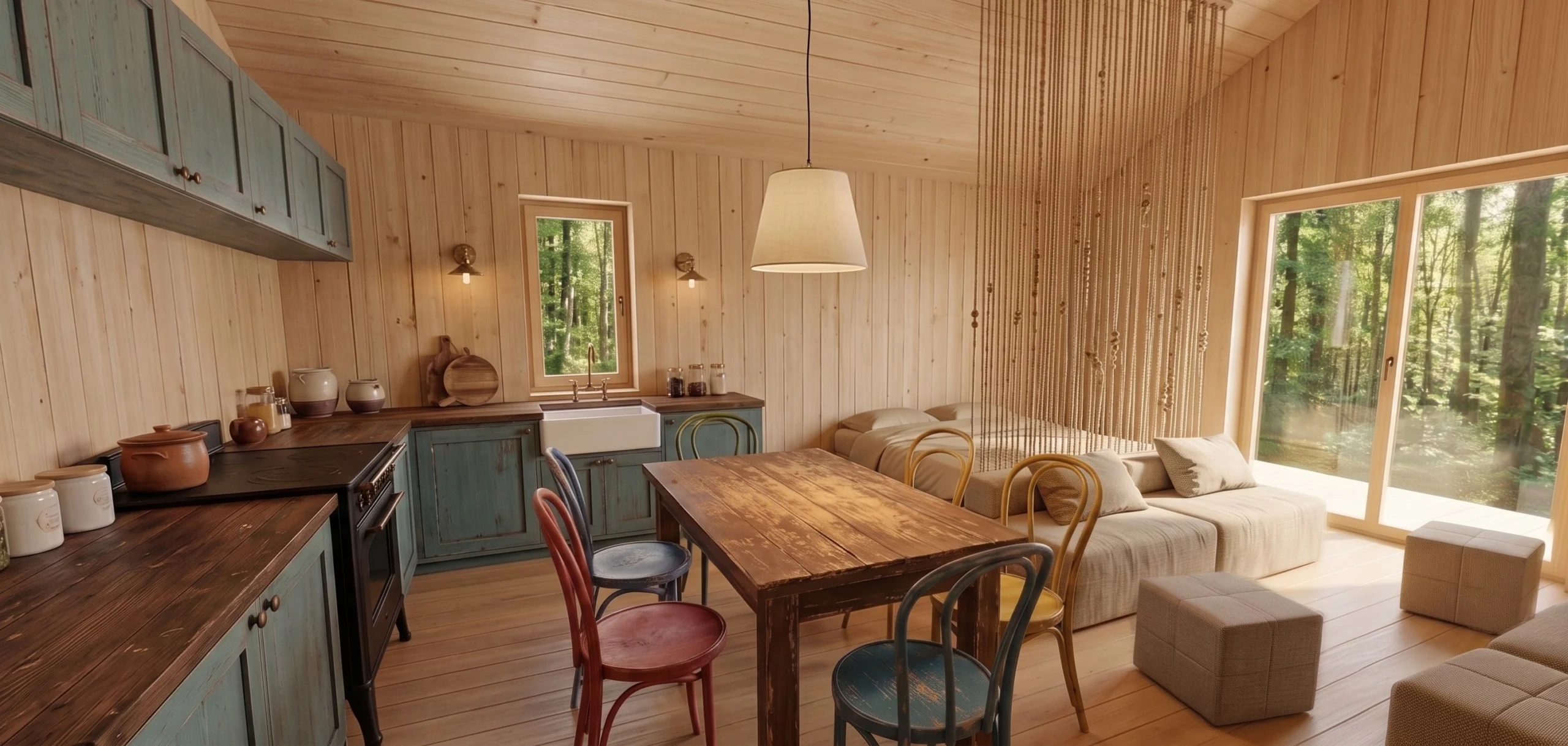 Cozy wood-lined interior of the Hazel cabin featuring open-plan kitchen, rustic dining area, and living space