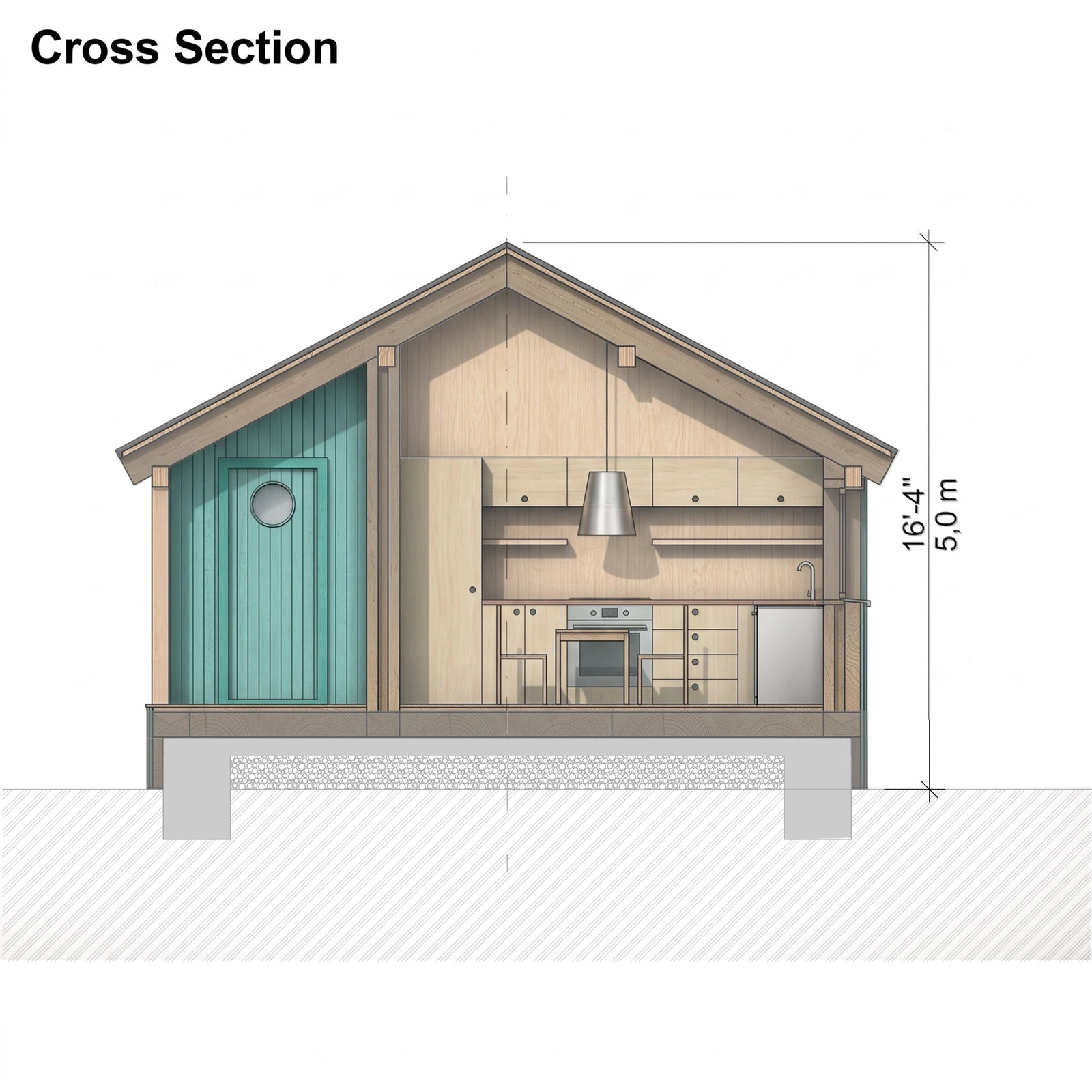 Architectural cross section drawing of Hazel cabin with interior heights, kitchen cabinetry, and foundation detail