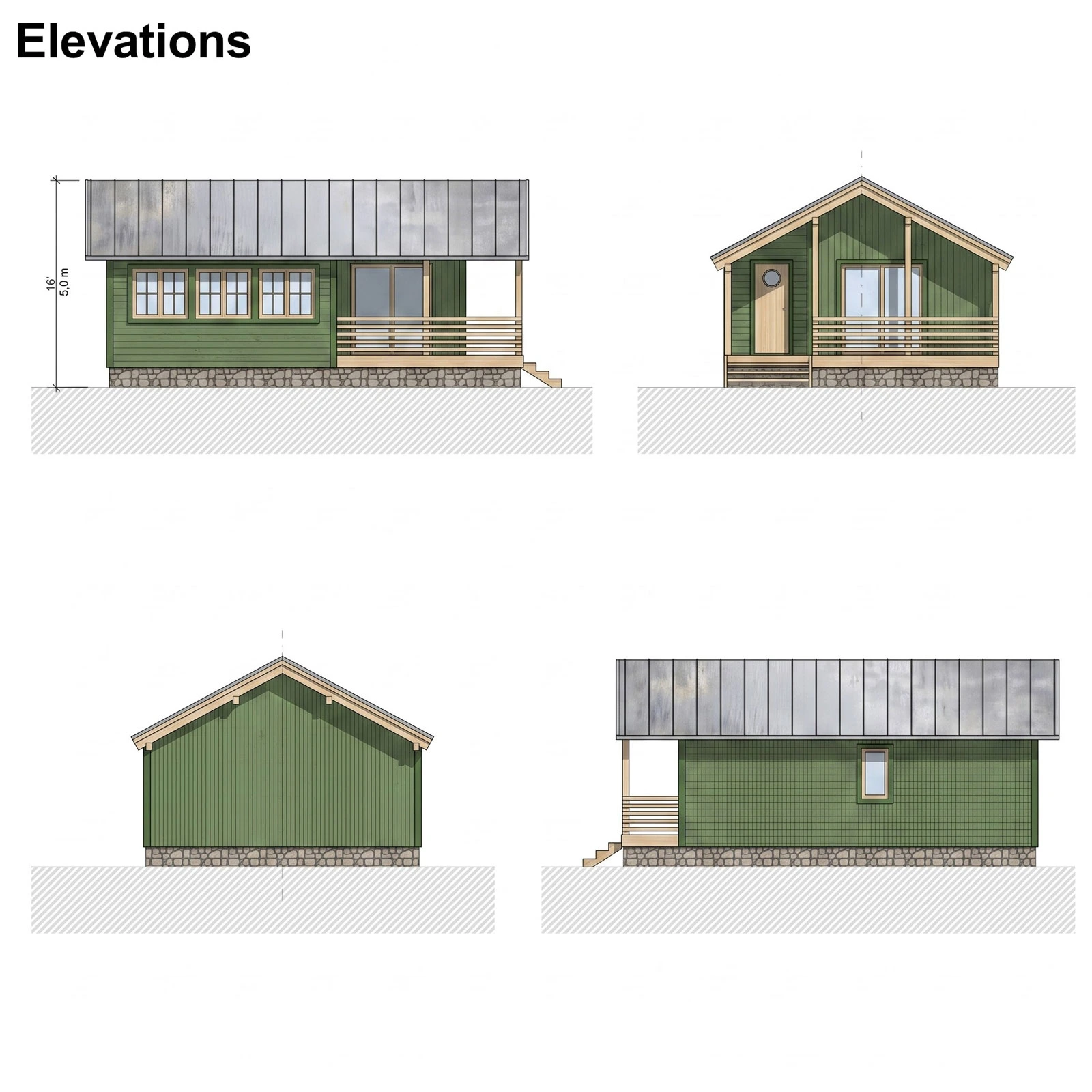 Four side architectural elevations of Hazel timber cabin with dimensions and exterior facade details