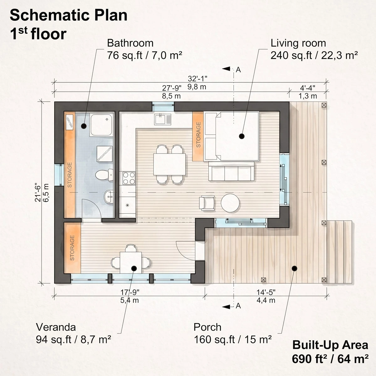 Schematic 1st floor plan for Hazel cabin (690 sq ft / 64 m2) with living room, bathroom, veranda, and porch dimensions