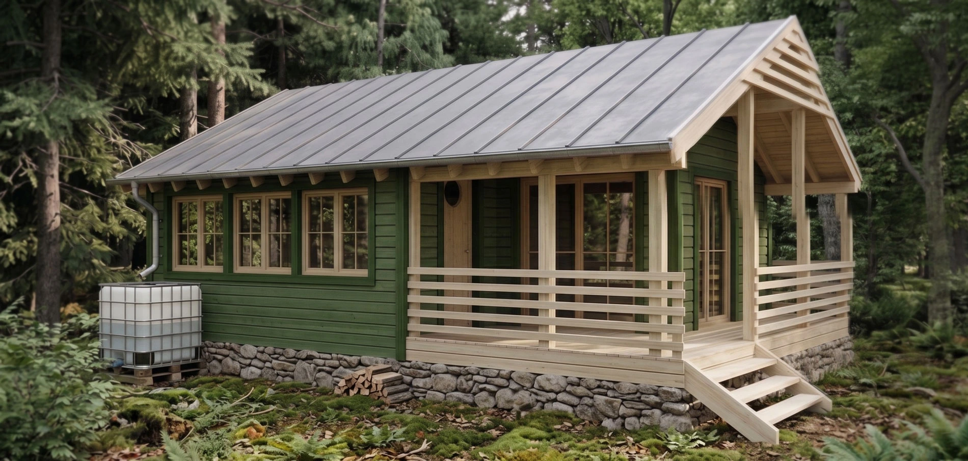 3D exterior visual of Hazel cabin with timber siding, metal roof, and wooden porch in a woodland setting