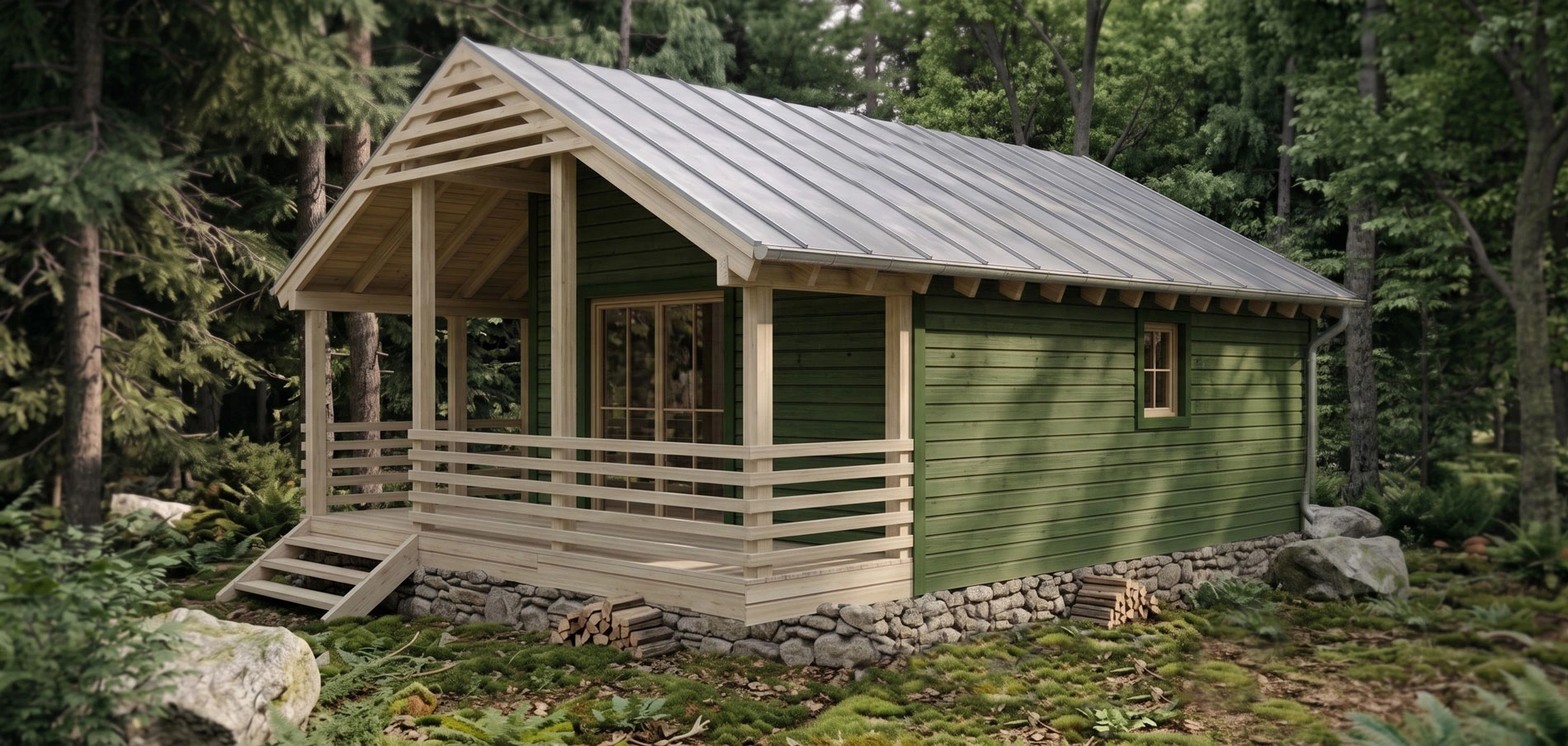 Rear and side view of Hazel timber cabin showing stone base, horizontal wood siding, and rain drainage