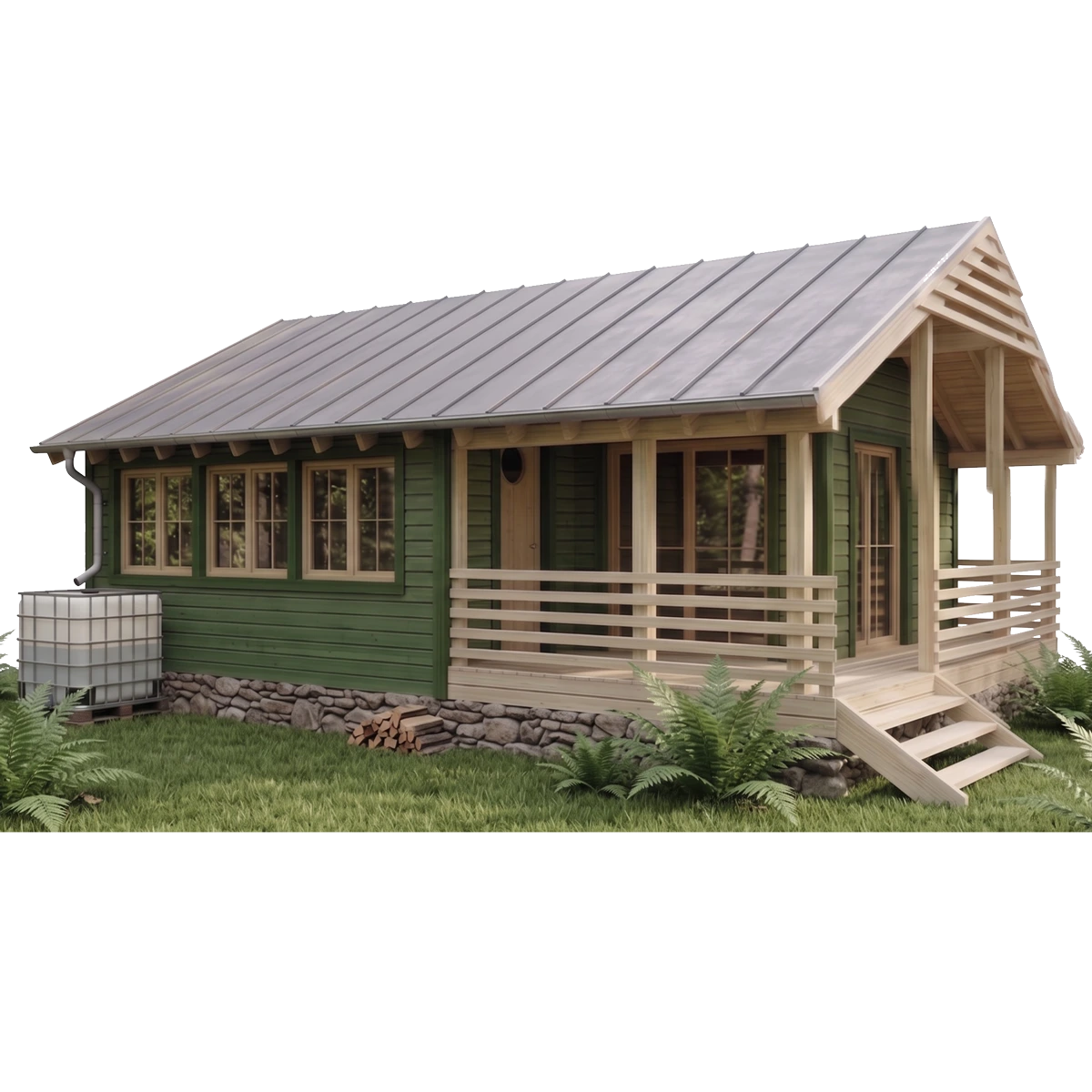 Hazel cabin plans – front view rendering of a green DIY wooden cabin with covered porch and stone foundation