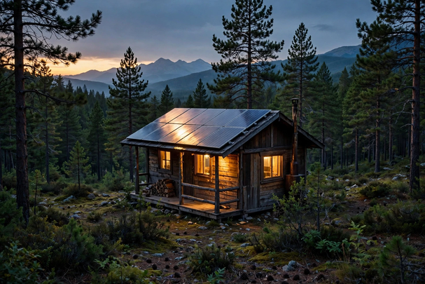 Off-grid cabin at dusk with rooftop solar panels and glowing windows, powered by solar storage batteries