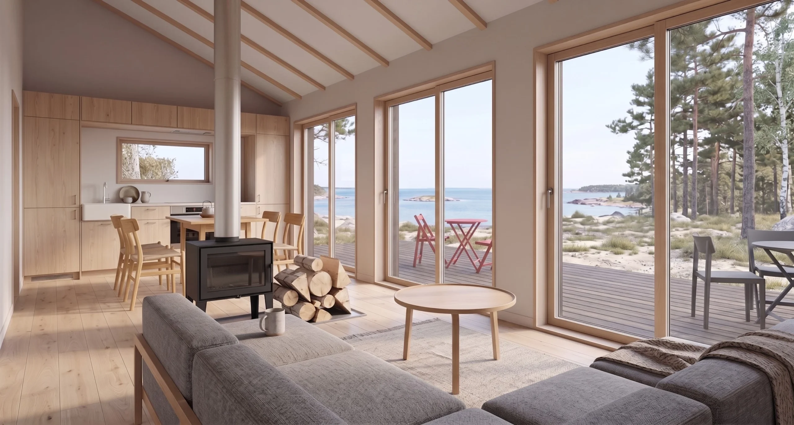 Bright open-plan cabin interior with wood stove fireplace, kitchen, sofa, and large sliding windows with sea view.