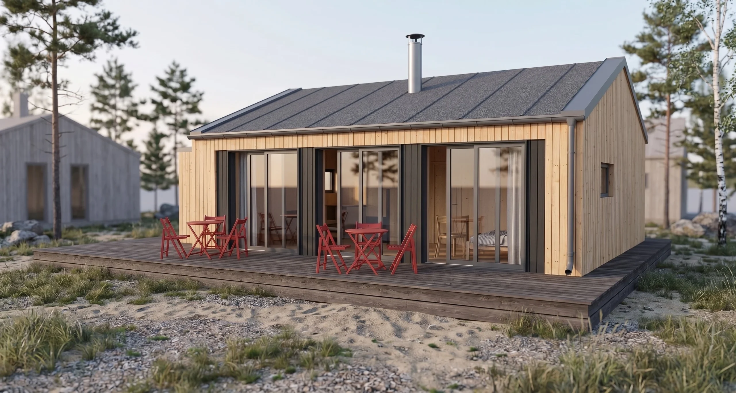 Front elevation view of wooden cabin with large glass sliding doors and spacious outdoor wooden deck.