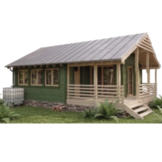 Hazel cabin plans – front view rendering of a green DIY wooden cabin with covered porch and stone foundation