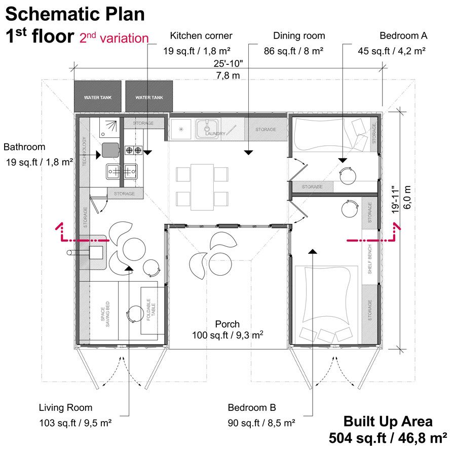 Two 20ft Shipping Container  House  Floor  Plans  with 2 Bedrooms